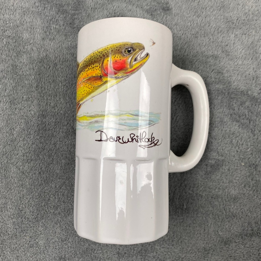 Vtg Freshwater Studio Mug White Dave Whitlock Rainbow Trout Fishing Stein